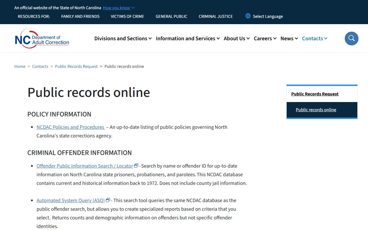 Bladen County arrest records DAC public records online page