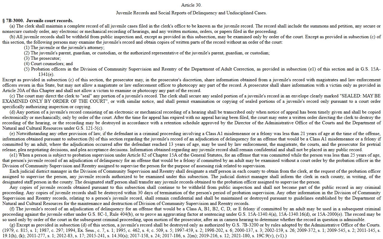 Bladen County court records juvenile confidentiality statute