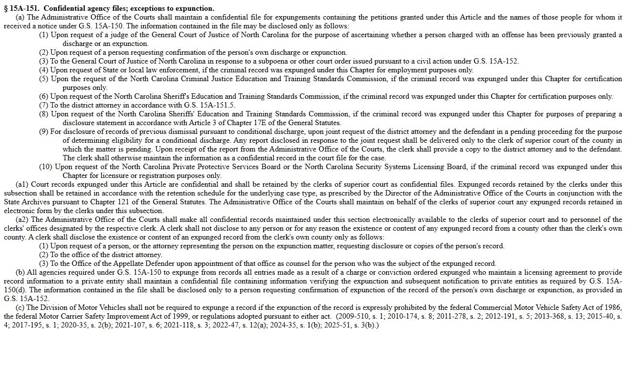 Bladen County criminal court records expunction confidentiality statute