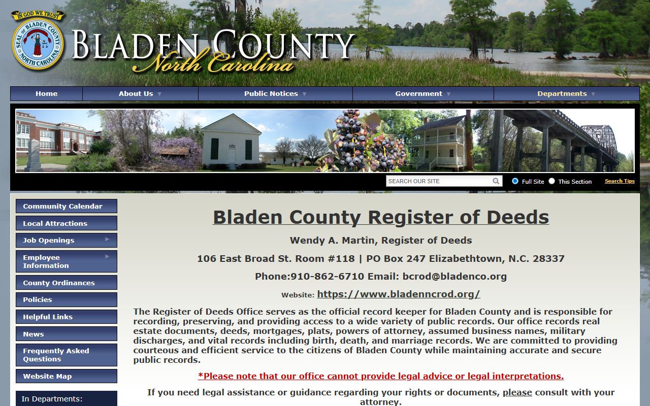 Bladen County marriage records Register of Deeds page