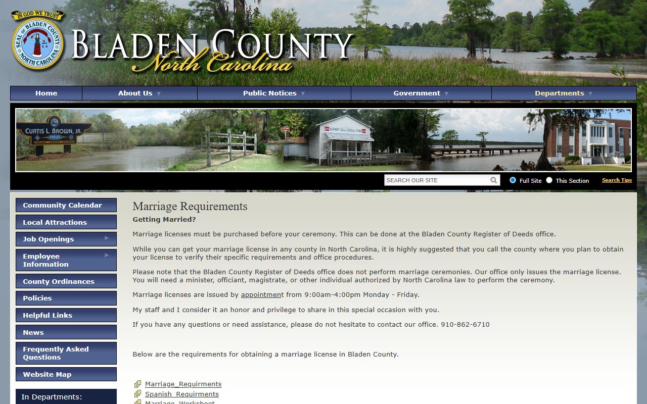 Bladen County marriage records requirements page