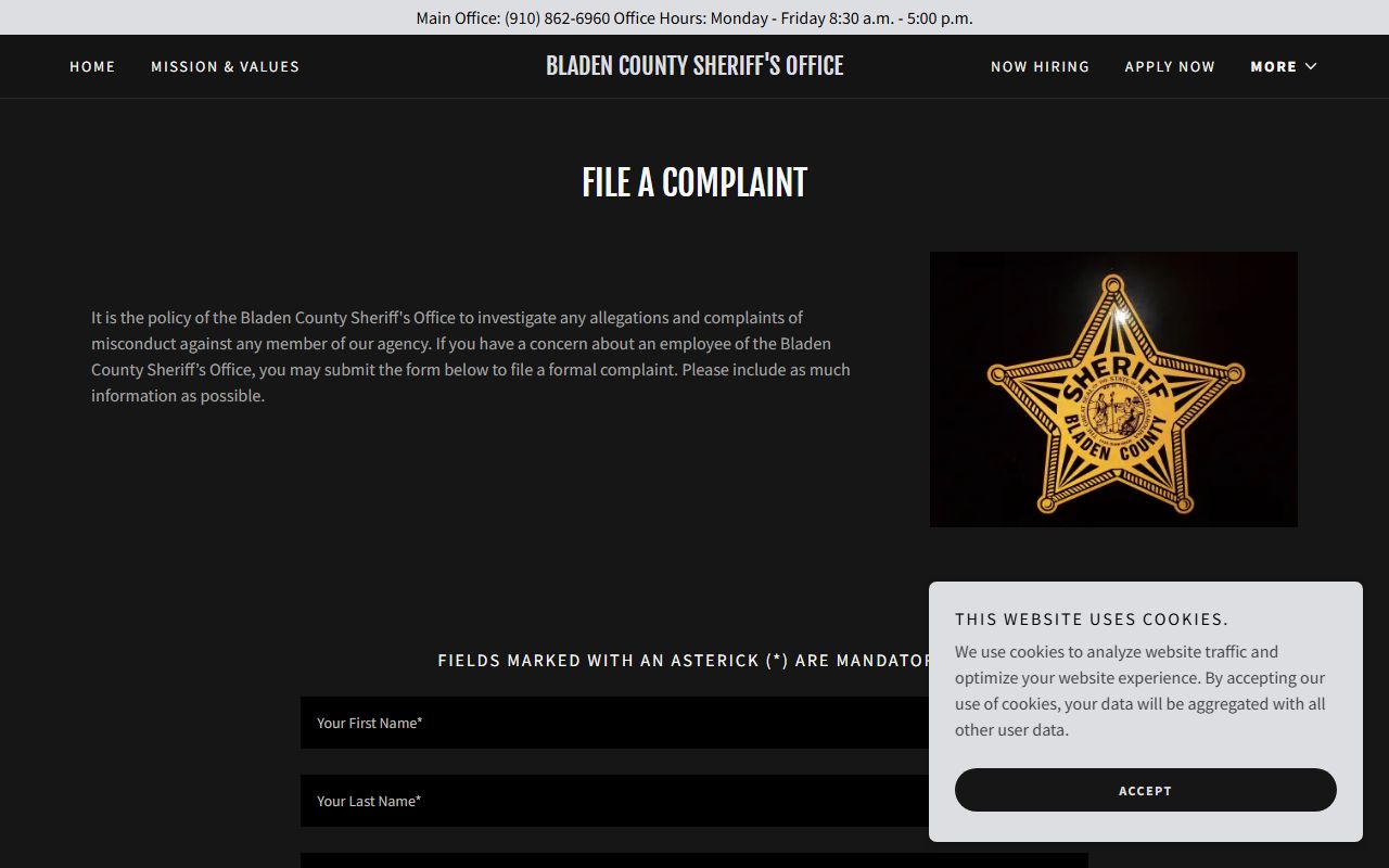 Bladen County warrant records sheriff complaint form