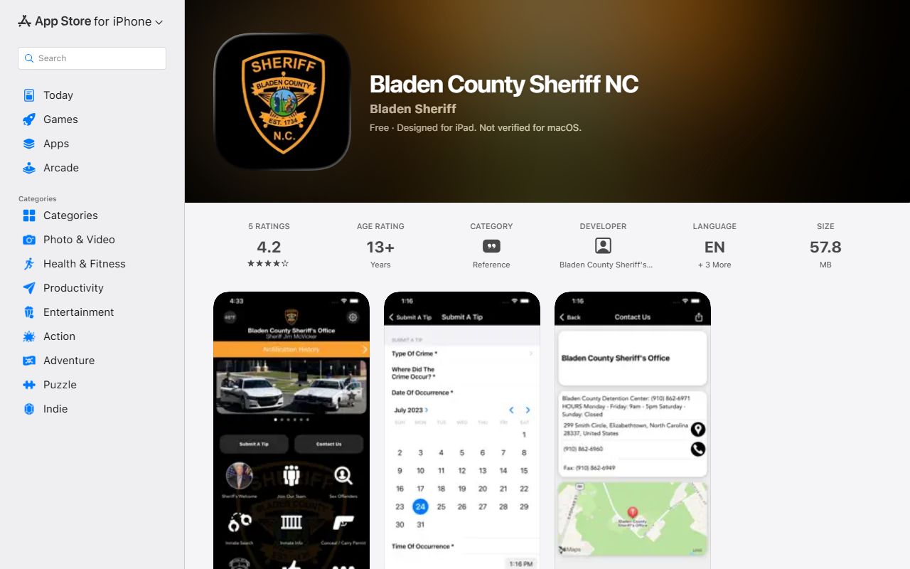 Bladen County warrant records sheriff mobile app listing